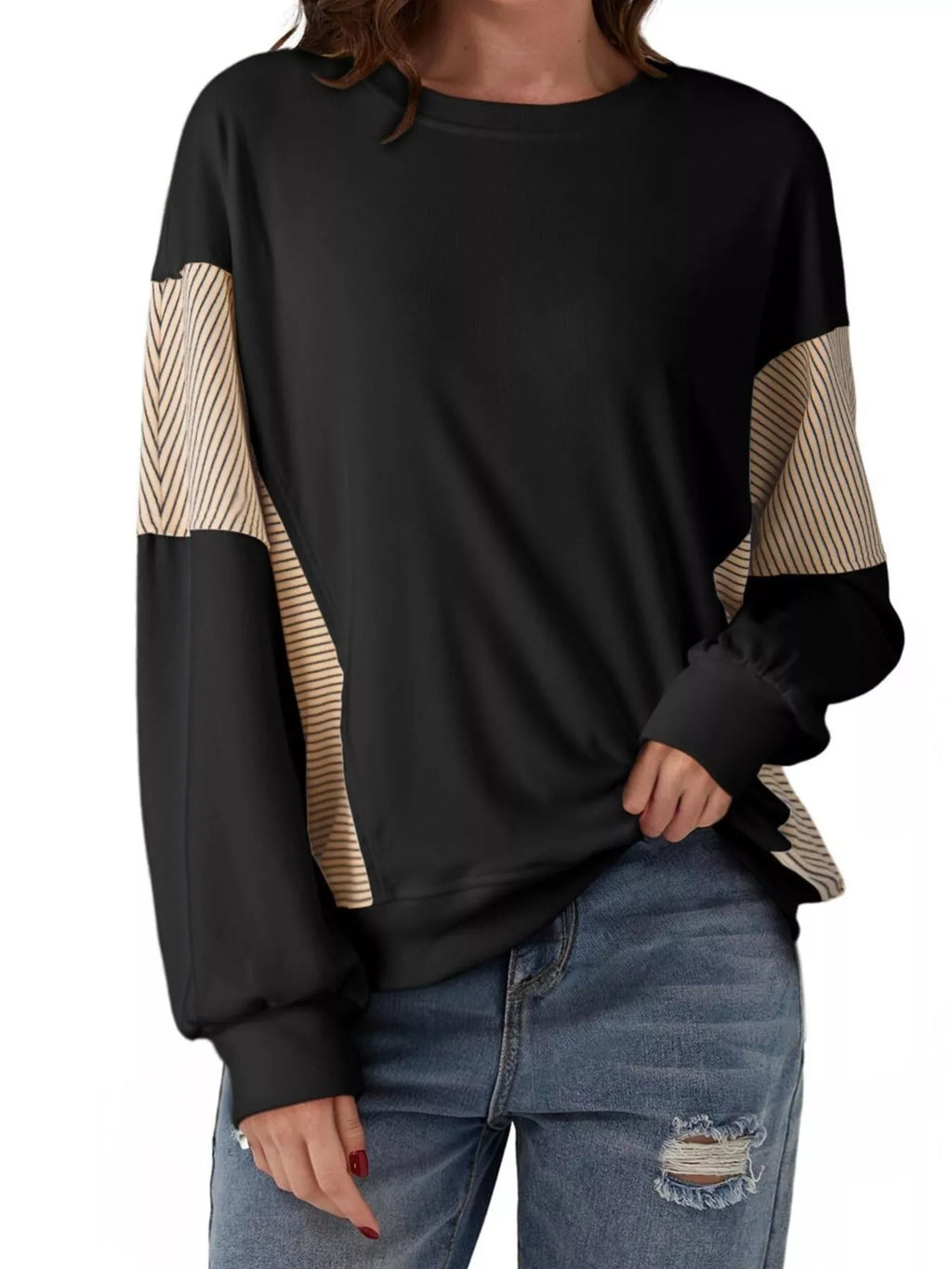 Striped Round Neck Long Sleeve Sweatshirt - Lilixa.store