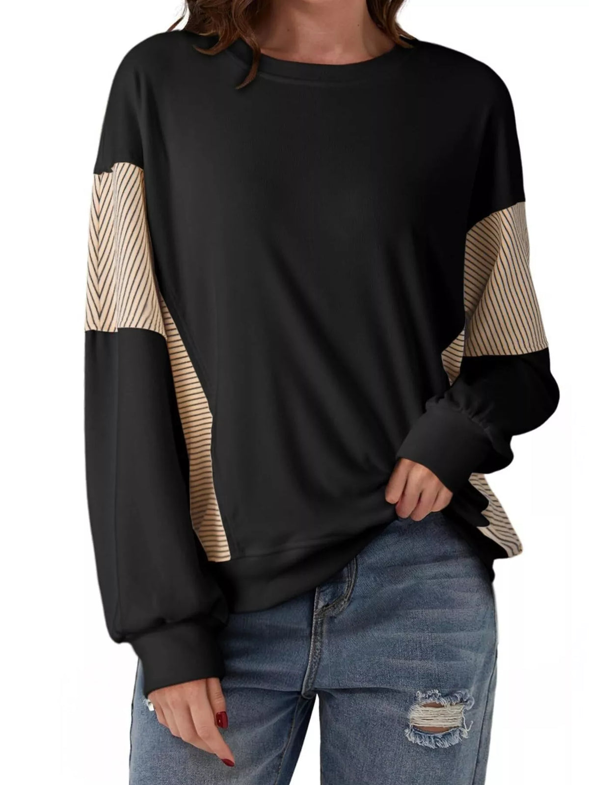 Striped Round Neck Long Sleeve Sweatshirt - Lilixa.store