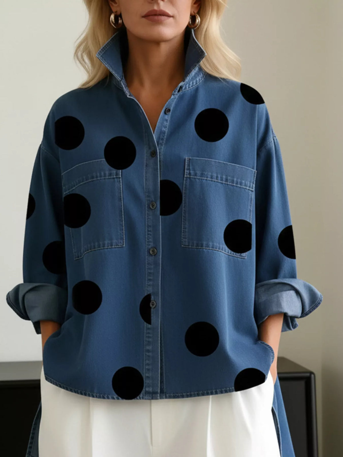 Full Size Polka Dot Oversized Denim Look Shirt Plus Size in Navy