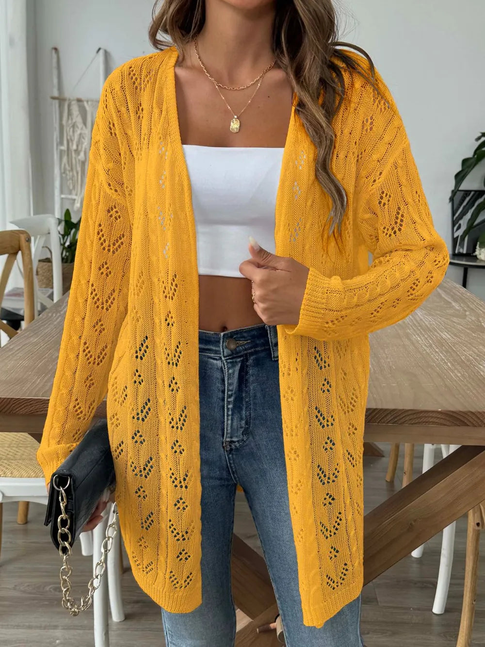 Openwork Open Front Long Sleeve Cardigan - Lilixa.store