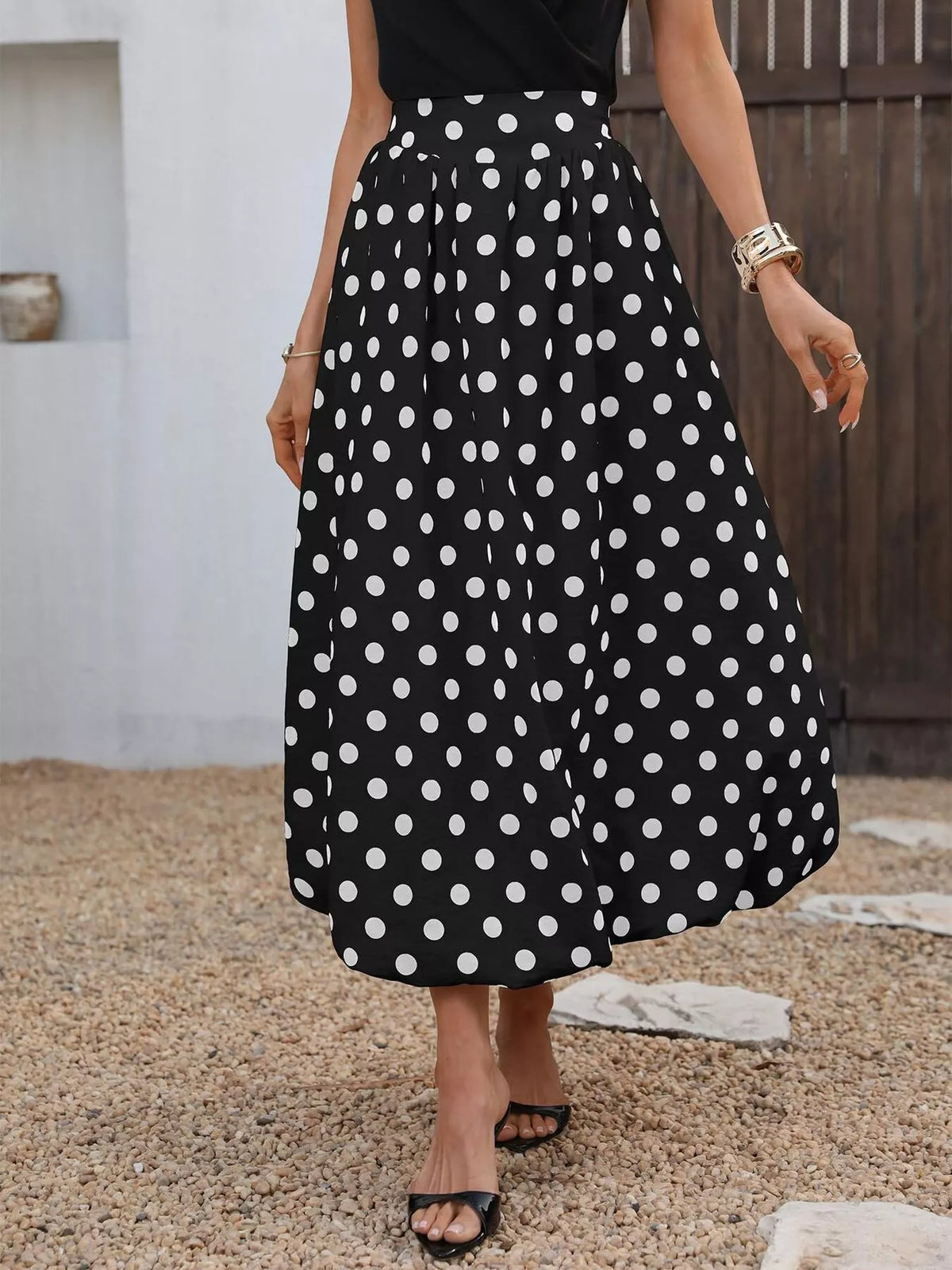 High-Waisted Polka Dot A-Line Midi Skirt, view 3