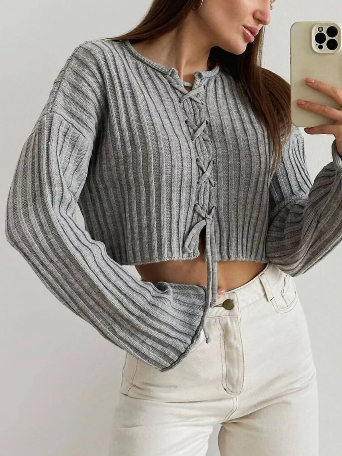 Ribbed Lace-Up Crop Sweater, view 4