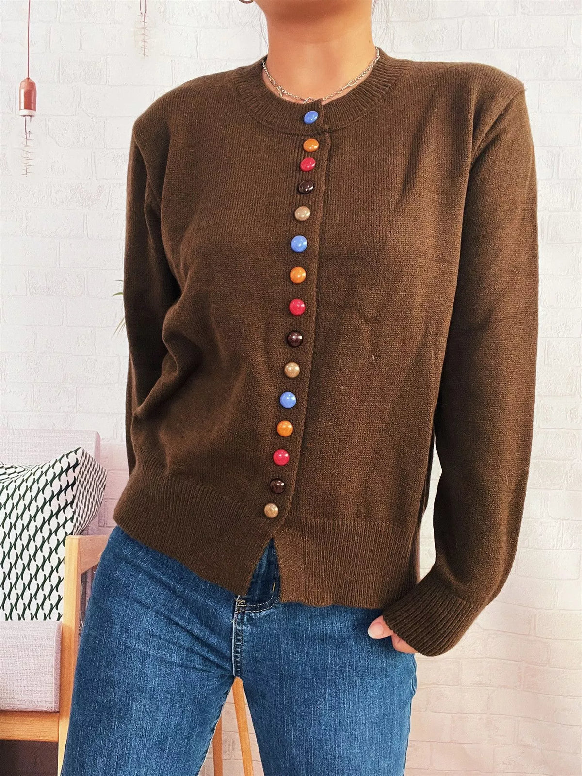 Button-Front Cardigan with Colorful Detail Buttons - Lilixa.store