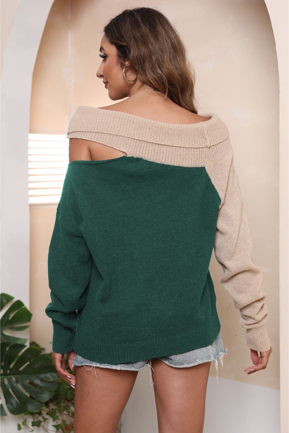 Asymmetrical Long Sleeve Two-Tone Cutout Sweater, view 10