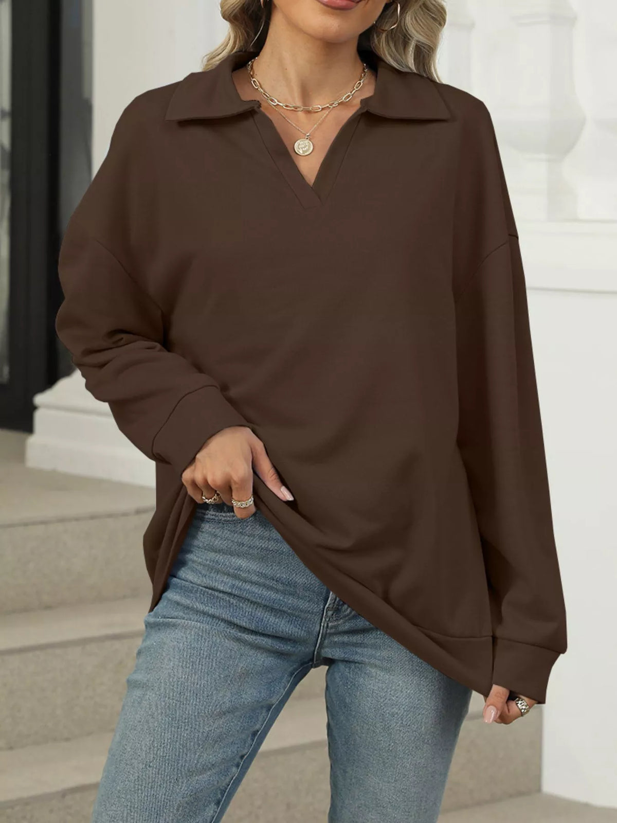 Johnny Collar Drop Shoulder Long Sleeve Sweatshirt - Lilixa.store