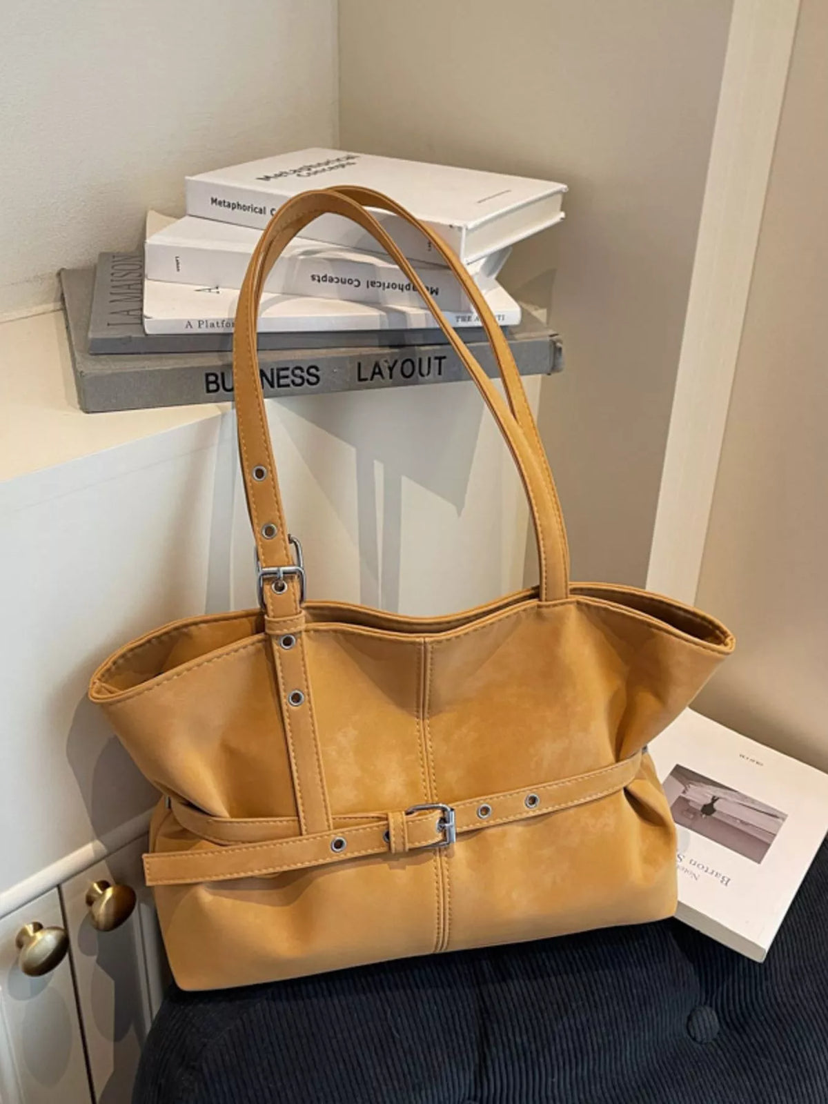 Washed Suede Buckle Detail Tote Bag