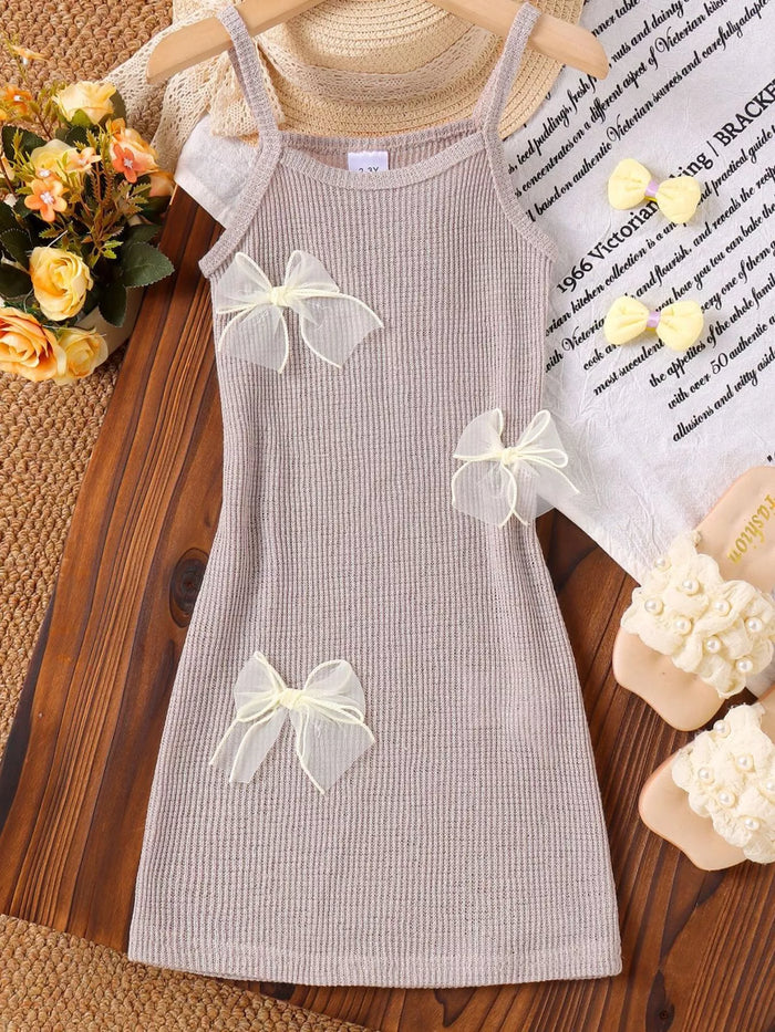 Children's Ribbed Knit Spaghetti Strap Dress with Bow - Lilixa.store