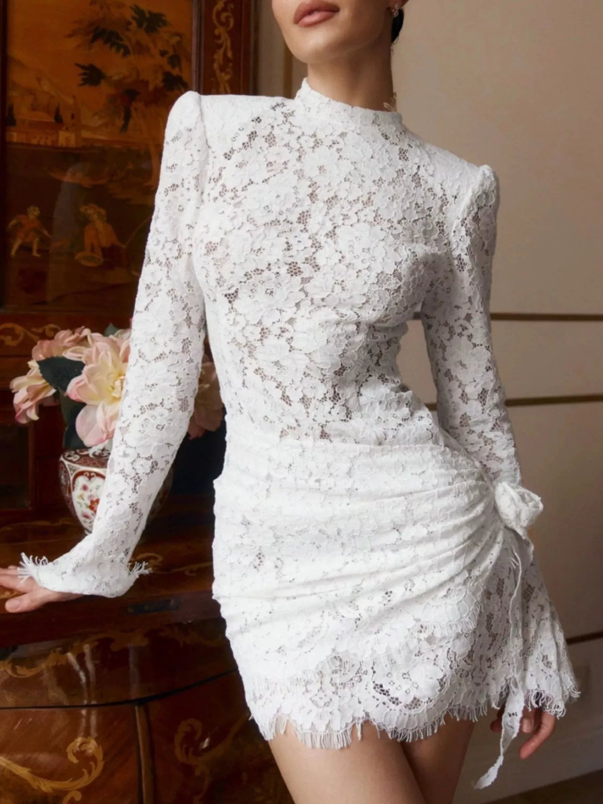 Lace Long-Sleeve Ruched Mini Dress - Lilixa.store