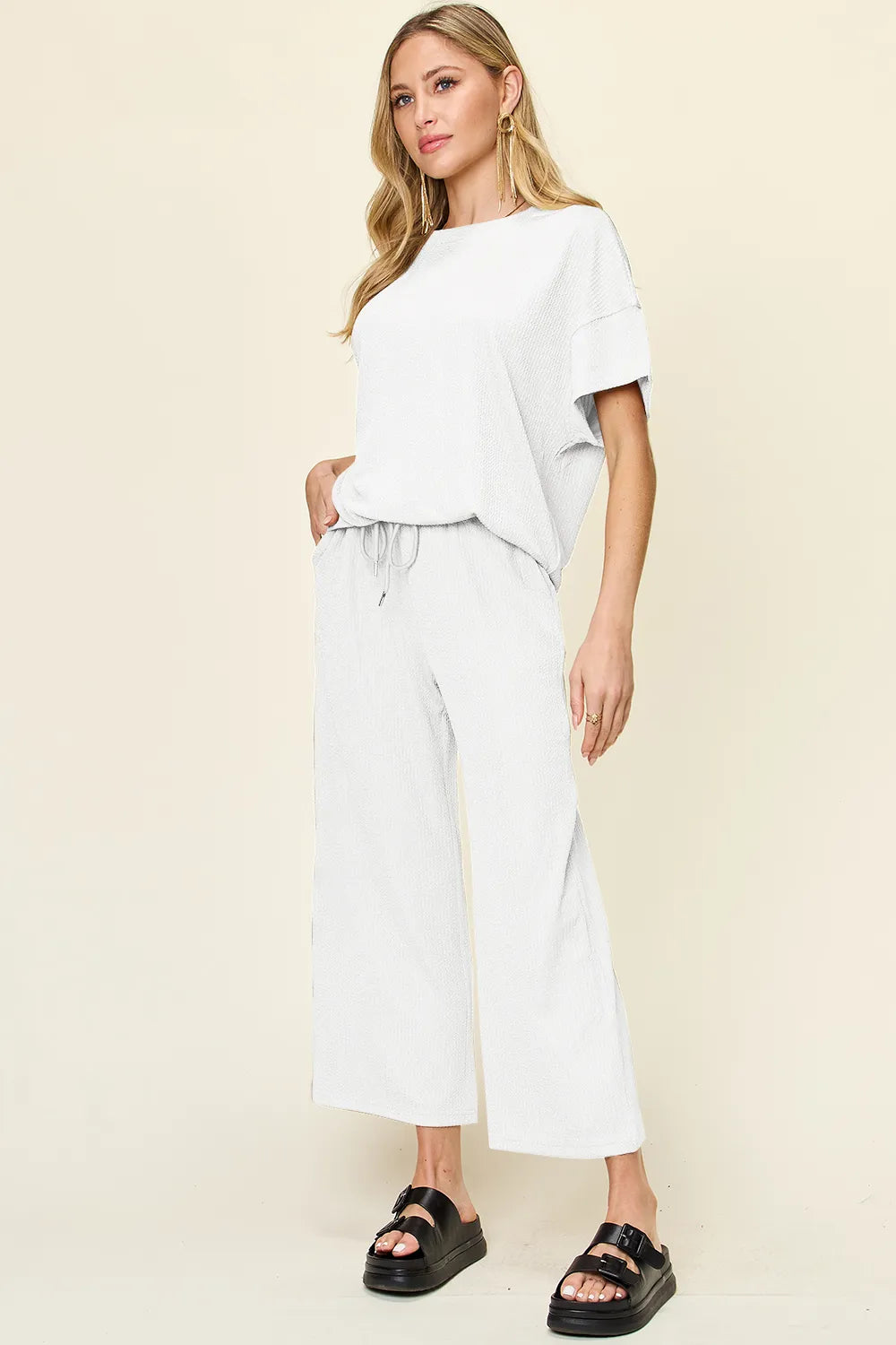 Double Take Full Size Texture Round Neck Short Sleeve T-Shirt and Wide Leg Pants in White