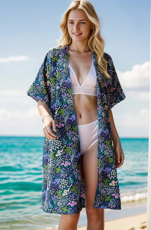 Heimish Full Size Half Sleeve Floral Open Cardigan Plus Size in Navy