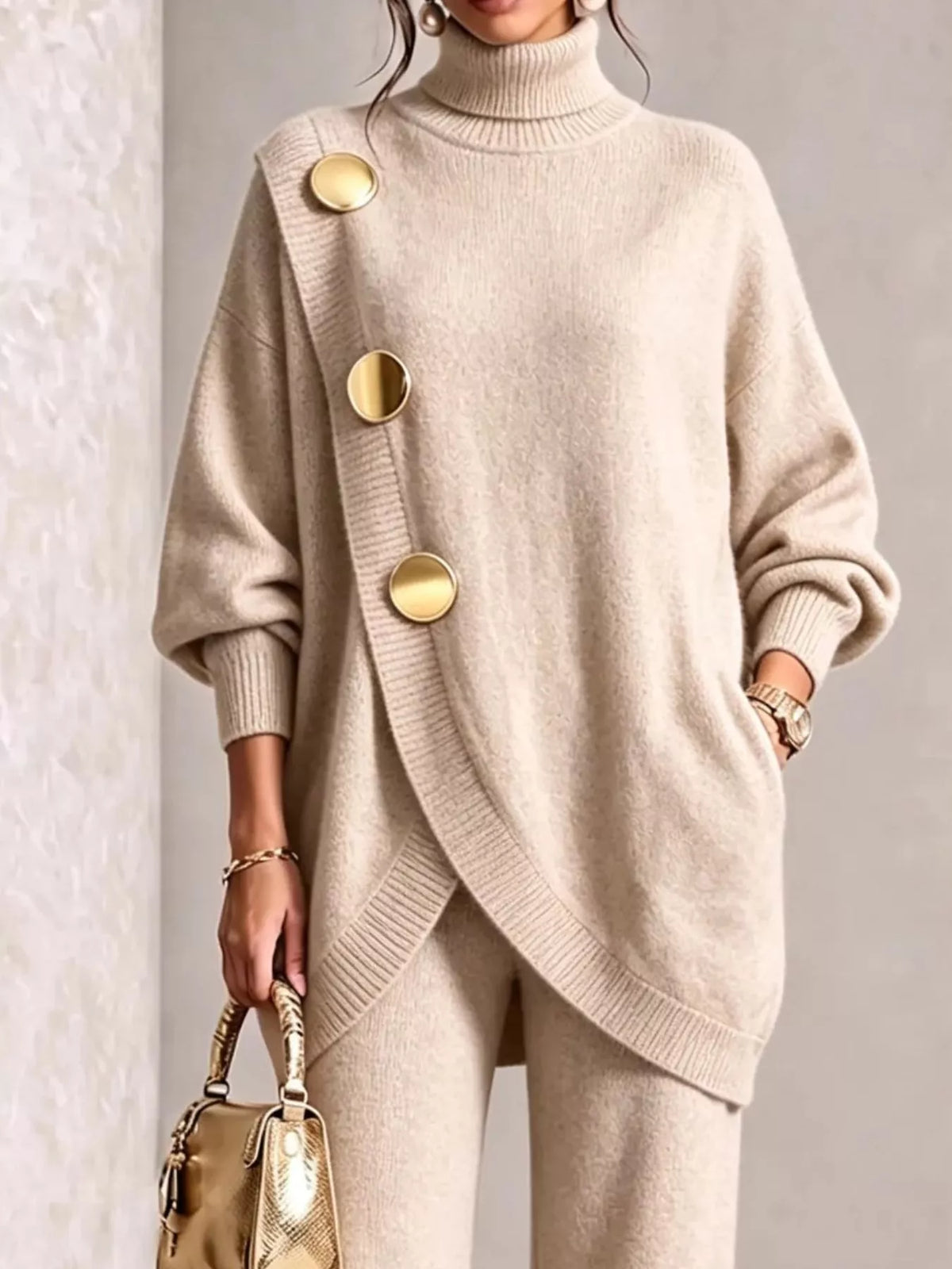 Gold Button Accent Turtleneck Sweater and Pants Set, view 4