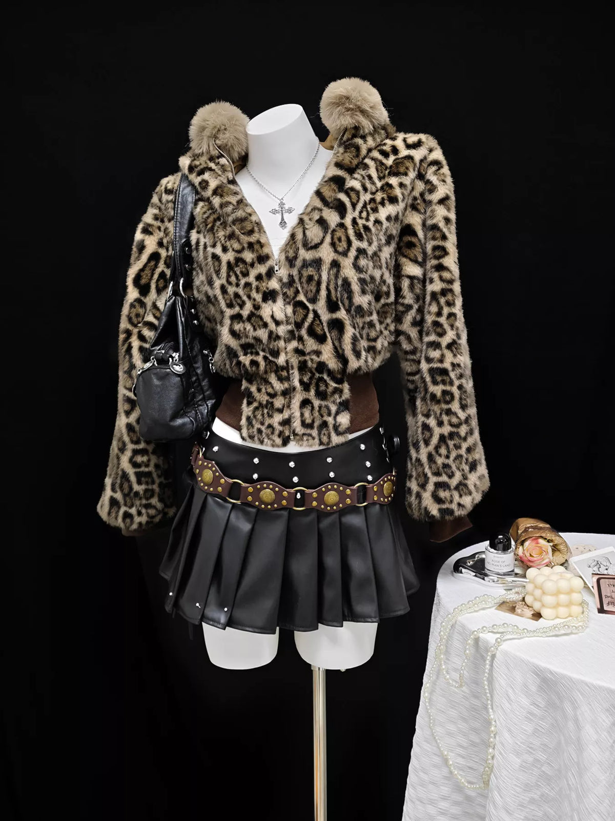 Leopard Faux Fur Hooded Outerwear in Brown, view 2
