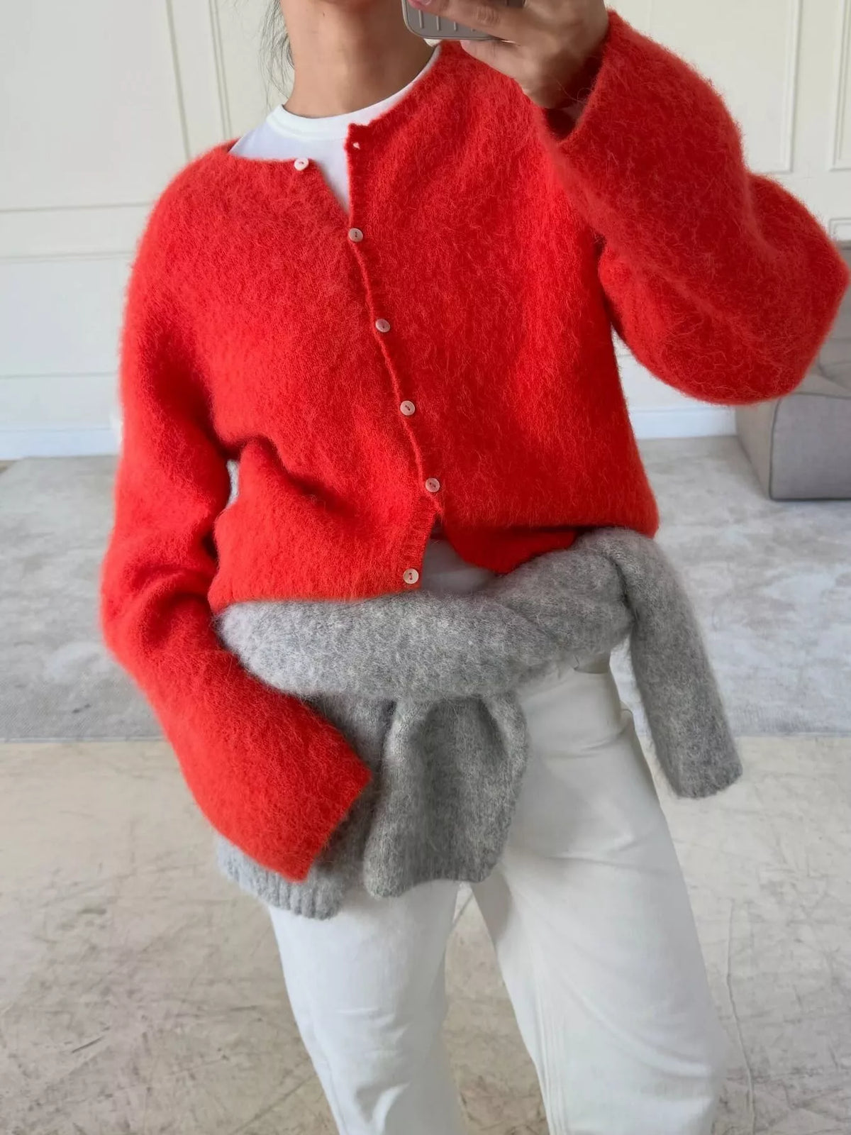 Fuzzy Knit Button-Down Cardigan in Scarlet