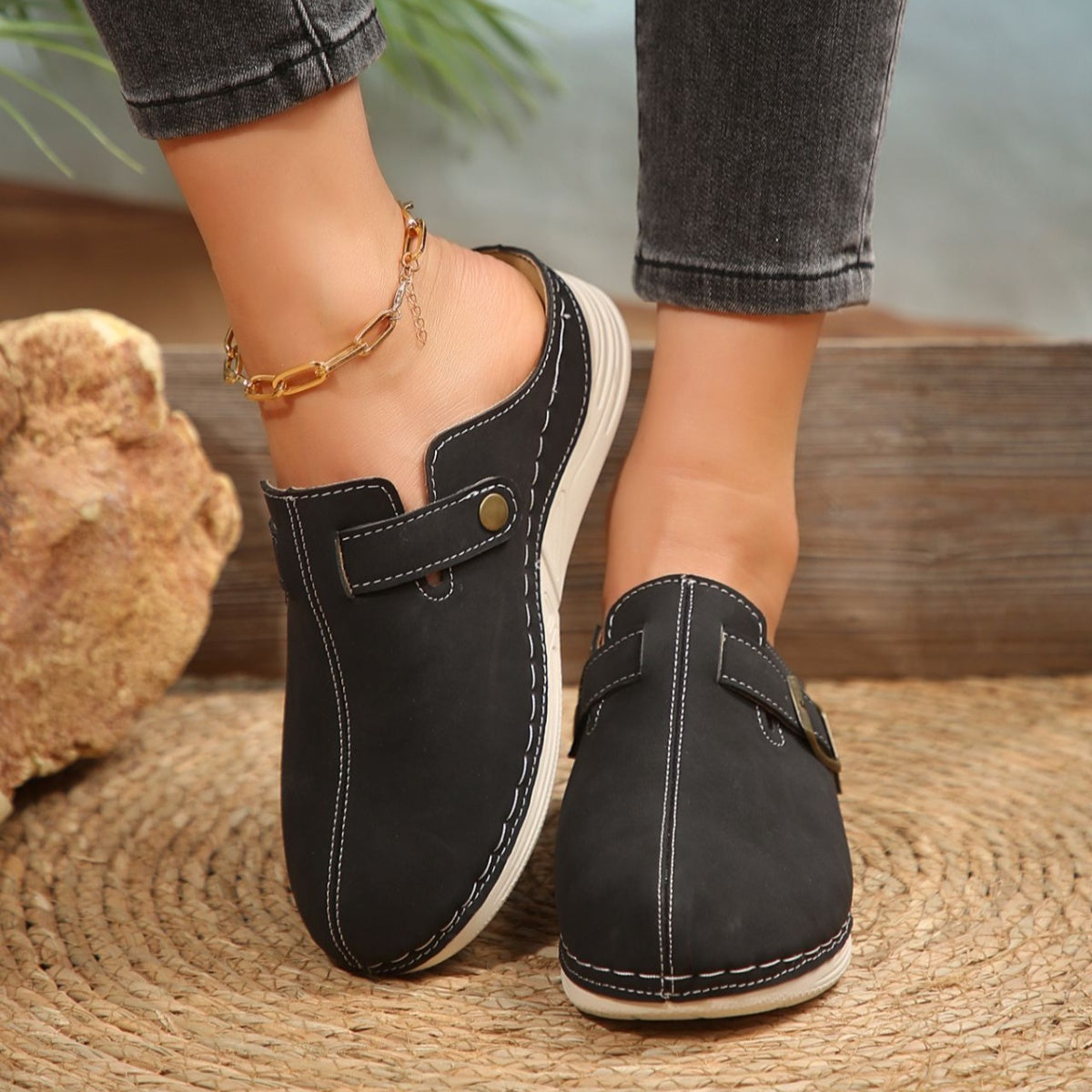 Buckle Accent Slip-Ons in Black