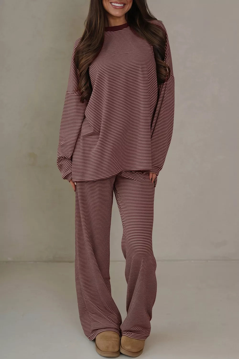 Striped Long Sleeve Top and Wide Leg Pants Set