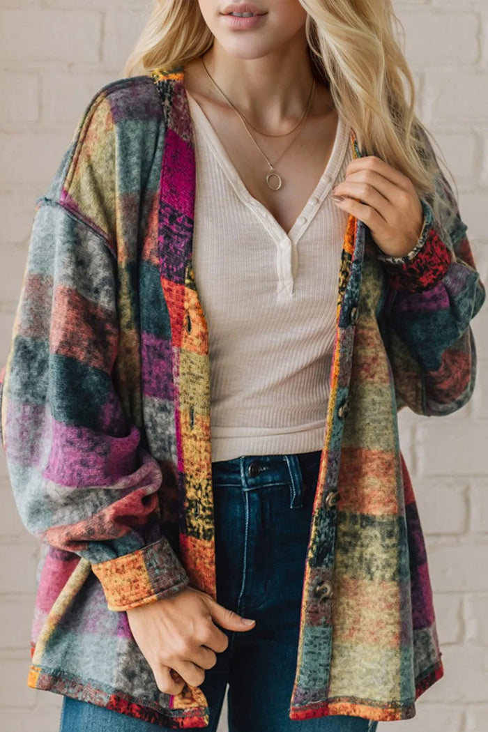 Double Take Full Size Exposed Seam Button Up Fleece Shacket in Multicolored