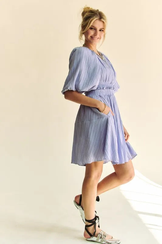Davi & Dani Back Button Puff Sleeve Mini Dress - Lilixa.store