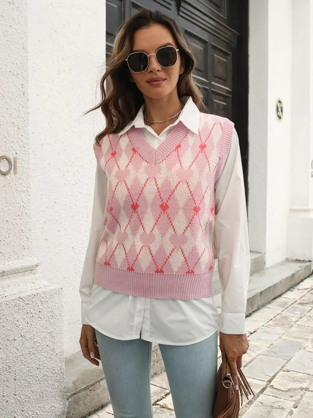 Geometric V-Neck Sweater Vest in Blush Pink, view 4