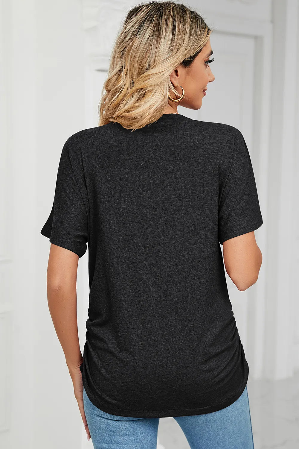 Ruched V-Neck Short Sleeve T-Shirt - Lilixa.store