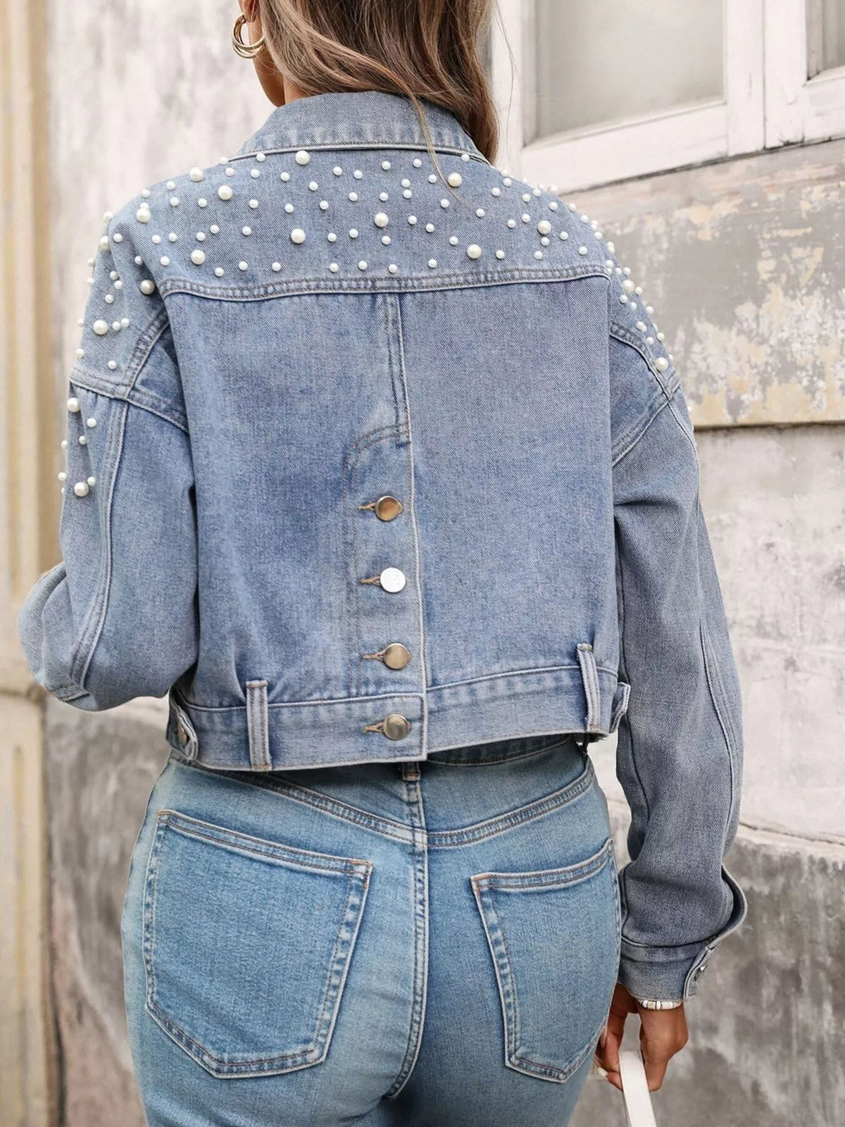 Pearl Embellished Cropped Denim Jacket, view 3