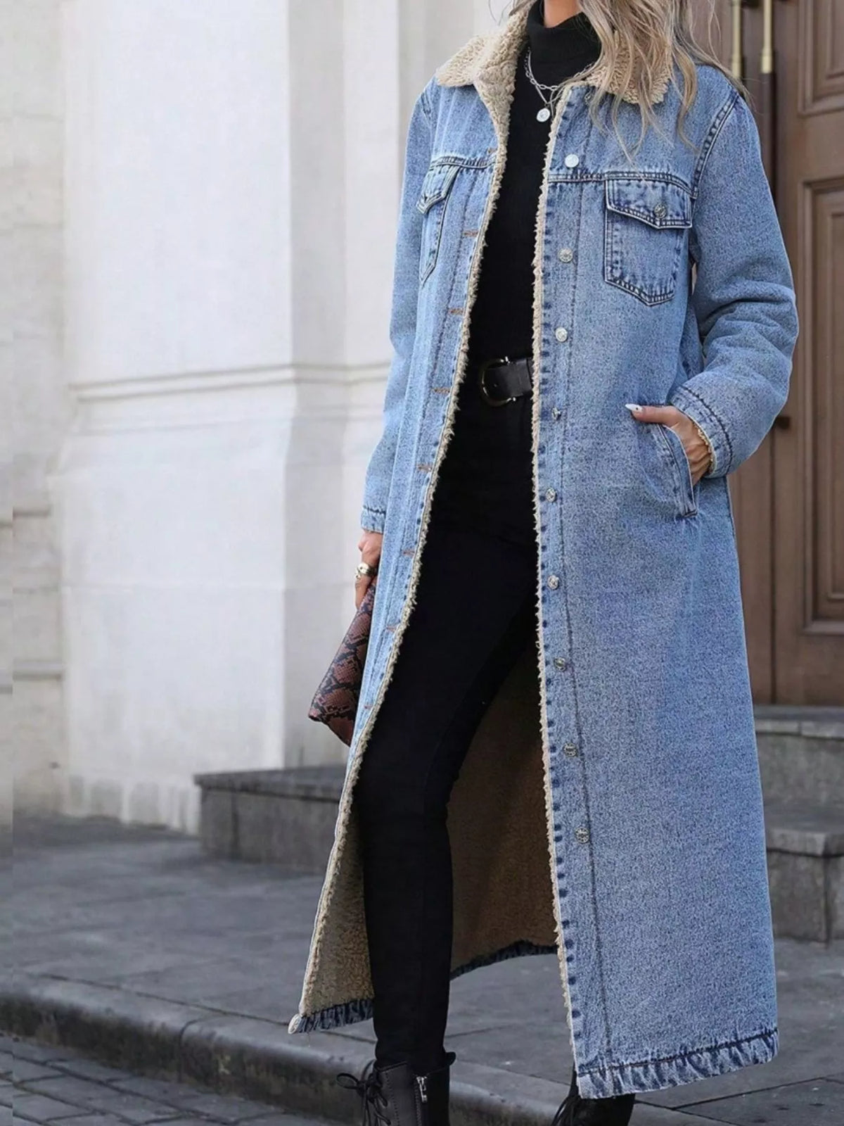 Sherpa Lined Longline Denim Jacket, view 17