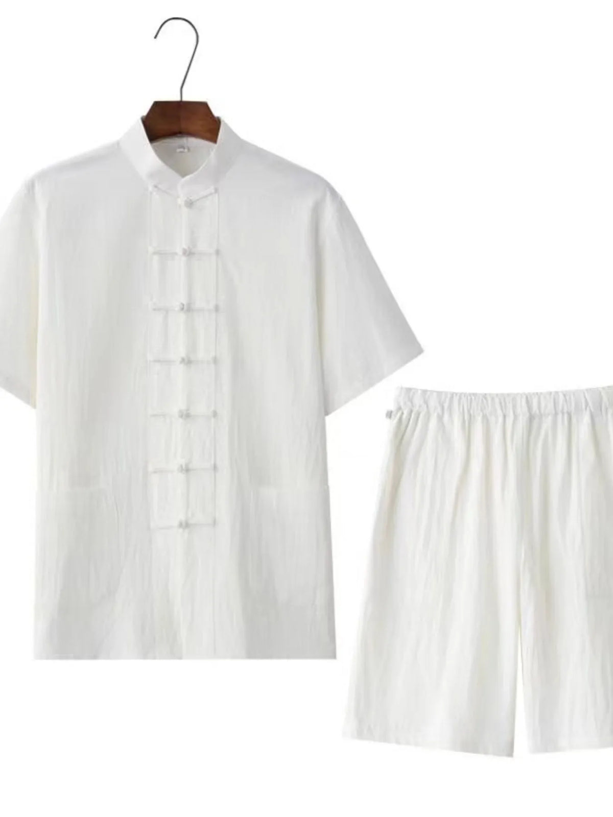 Men's Plus Size Chinese Style Top and Shorts Set in White