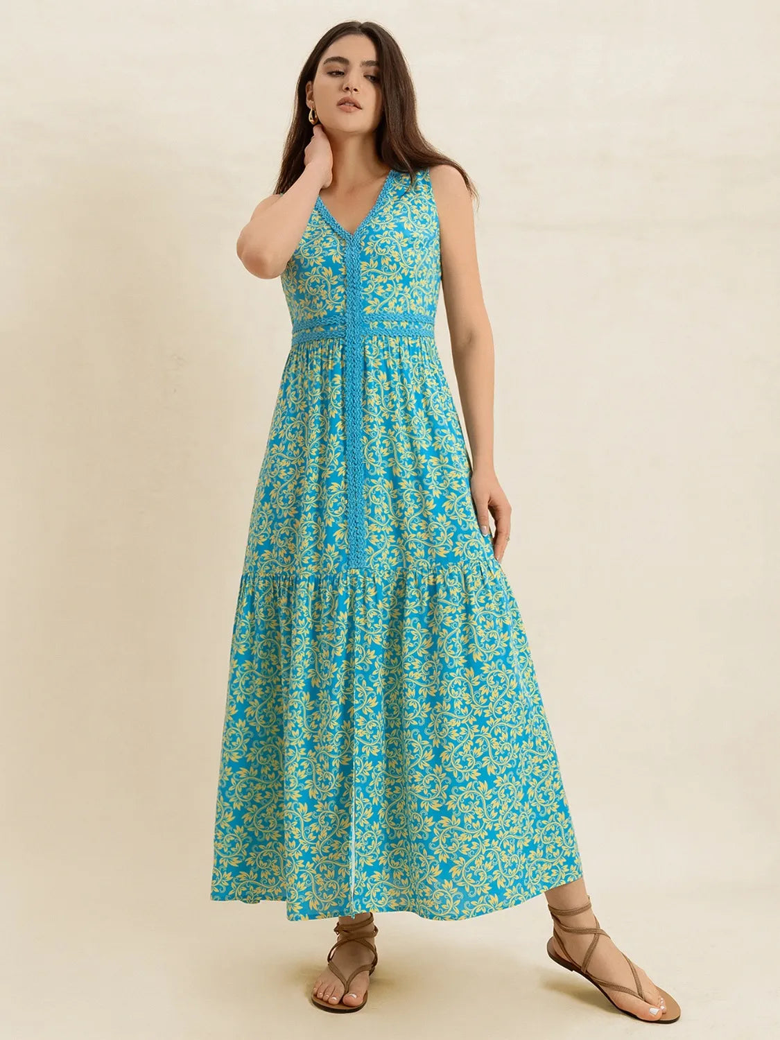 Slit Printed V-Neck Sleeveless Dress in Teal, view 2