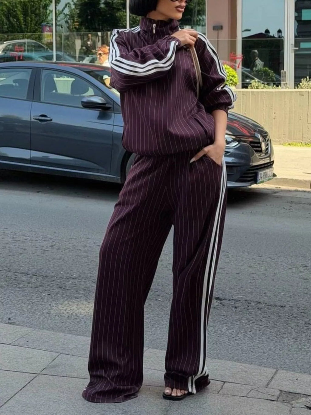 Side Stripe Zip Up Jacket and Pants Set - Lilixa.store