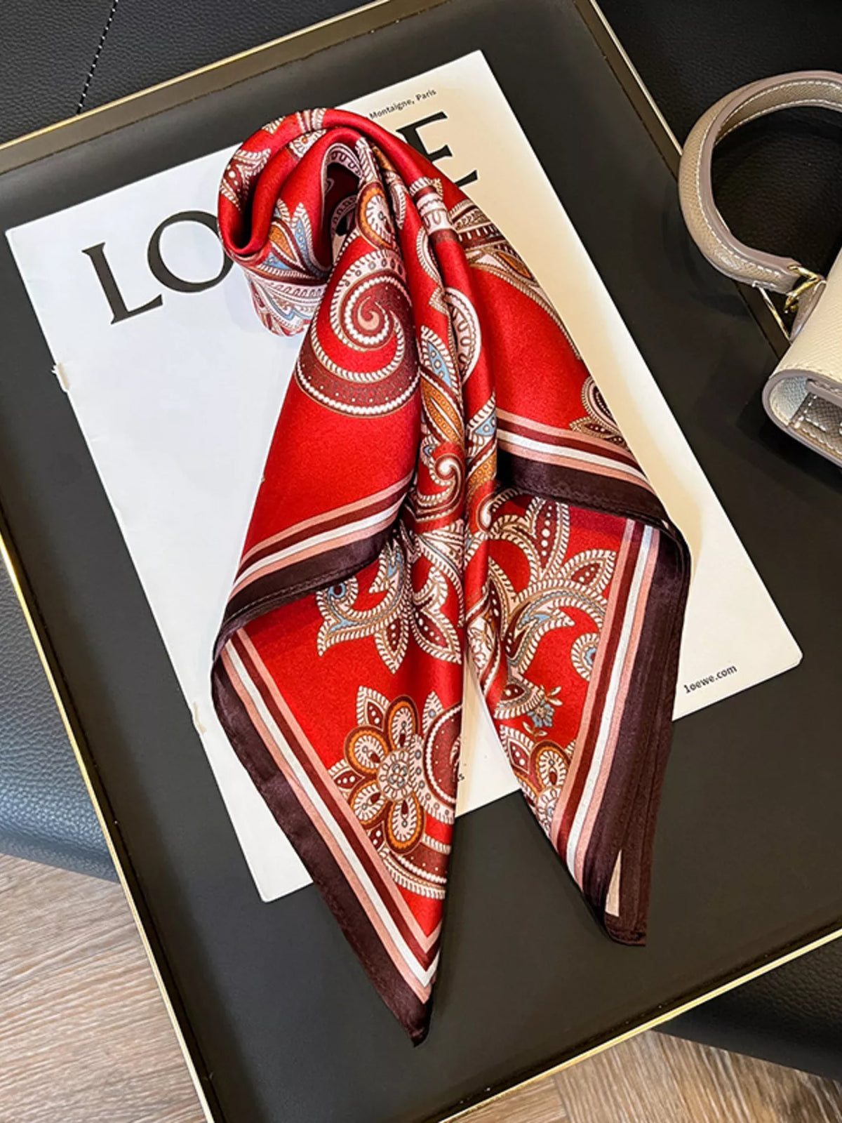 Vintage Paisley Silk Scarf in Deep Red, view 7