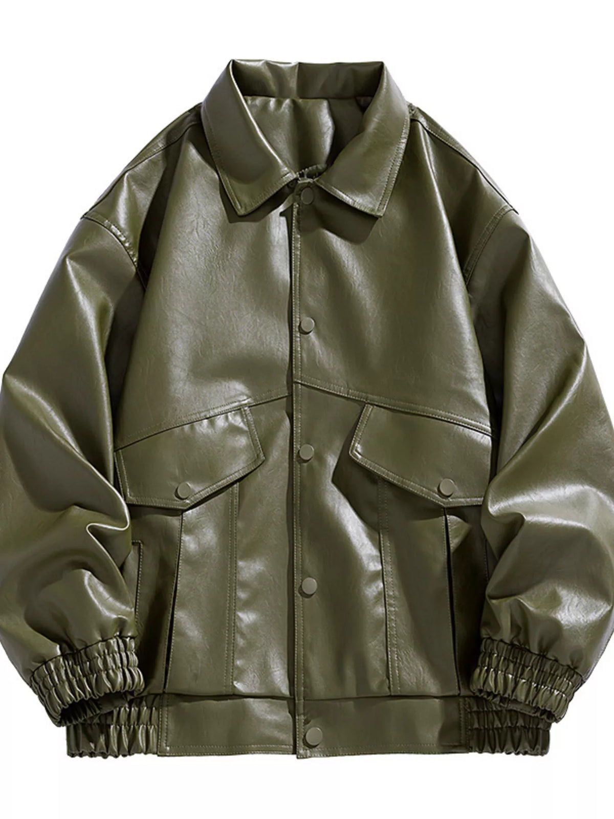Men's Plus Size Unisex Oversized Faux Leather Bomber Jacket in Army Green