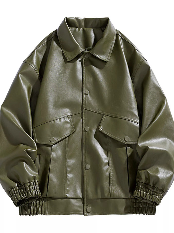 Men's Plus Size Unisex Oversized Faux Leather Bomber Jacket in Army Green