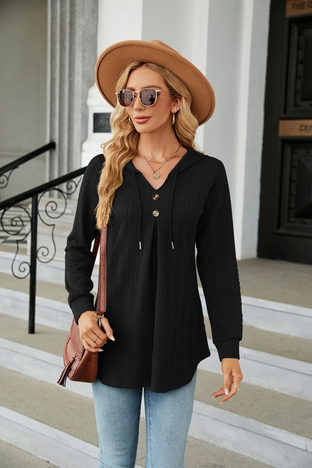 Long Sleeve Hooded Blouse in Black