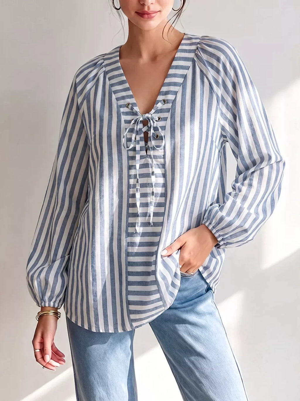 Striped Tie Front Long Sleeve Blouse - Lilixa.store