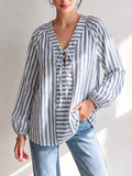 Striped Tie Front Long Sleeve Blouse - Lilixa.store