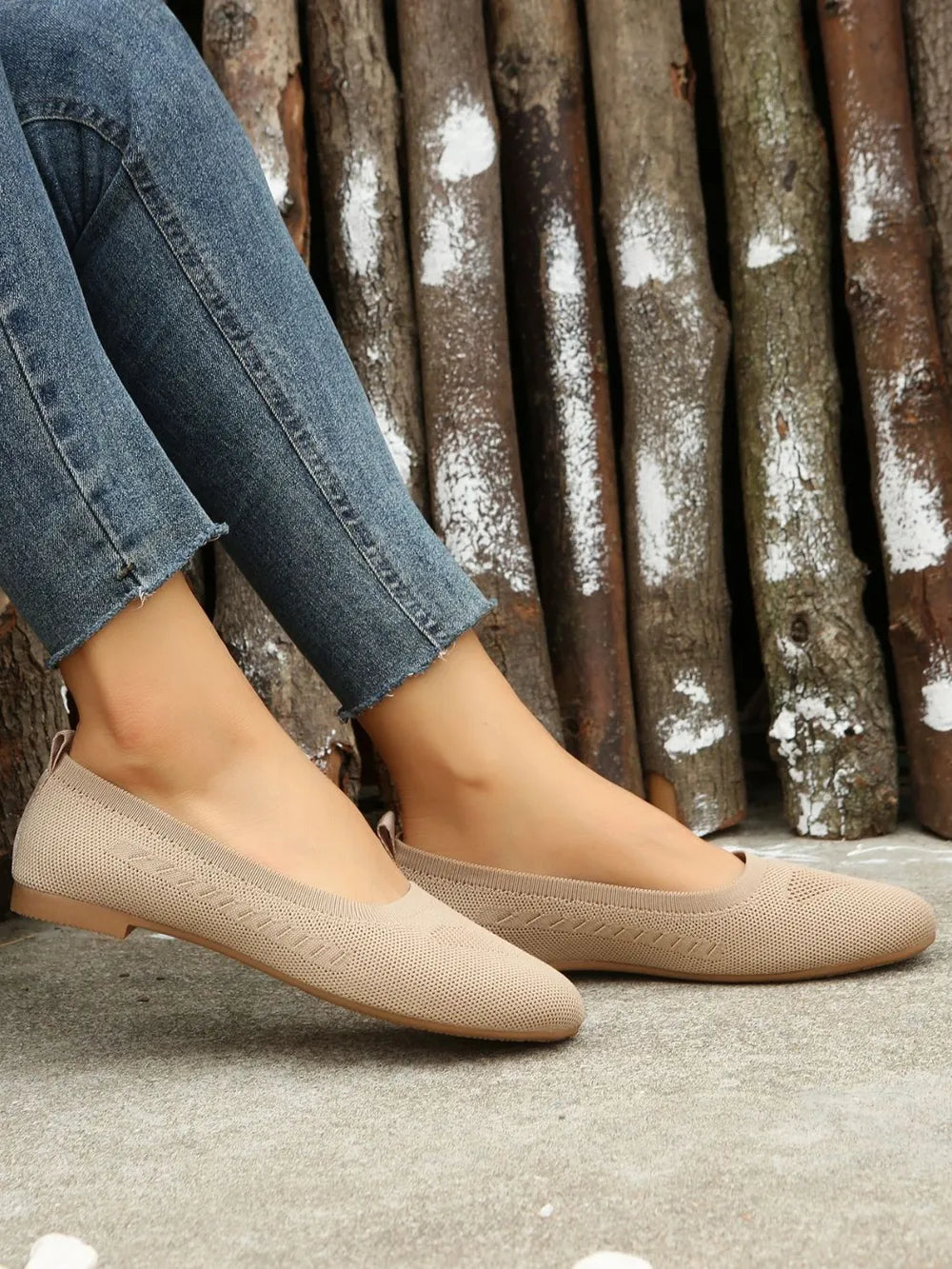 Polyester Flat Slip-Ons in Beige