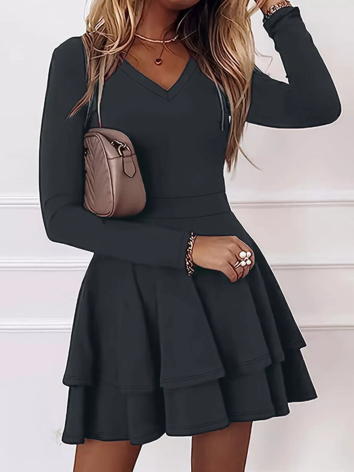 V-Neck Long Sleeve Layered Ruffle Mini Dress - Lilixa.store