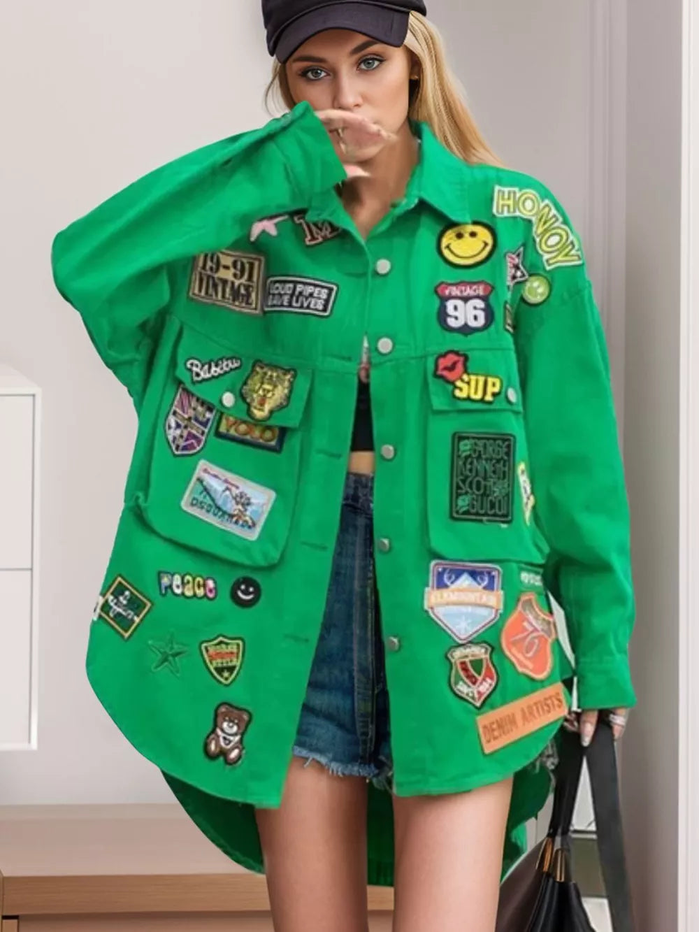 Embroidered Patch Button Up Long Sleeve Denim Jacket - Lilixa.store