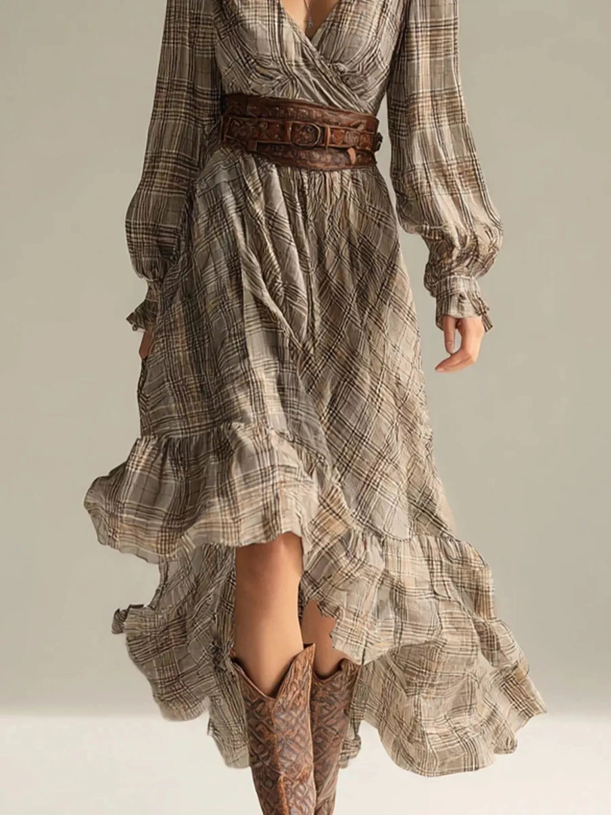 Plaid High-Low Long Sleeve Dress - Lilixa.store