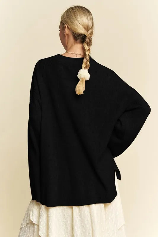 Davi & Dani High-Low Round Neck Drop Shoulder Sweater - Lilixa.store
