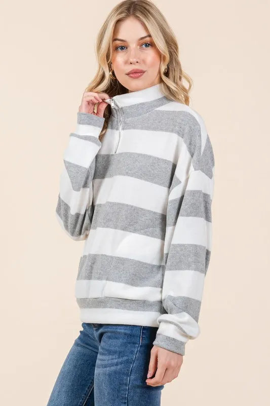 BOMBOM Striped Quarter Zip Drop Shoulder Sweatshirt - Lilixa.store