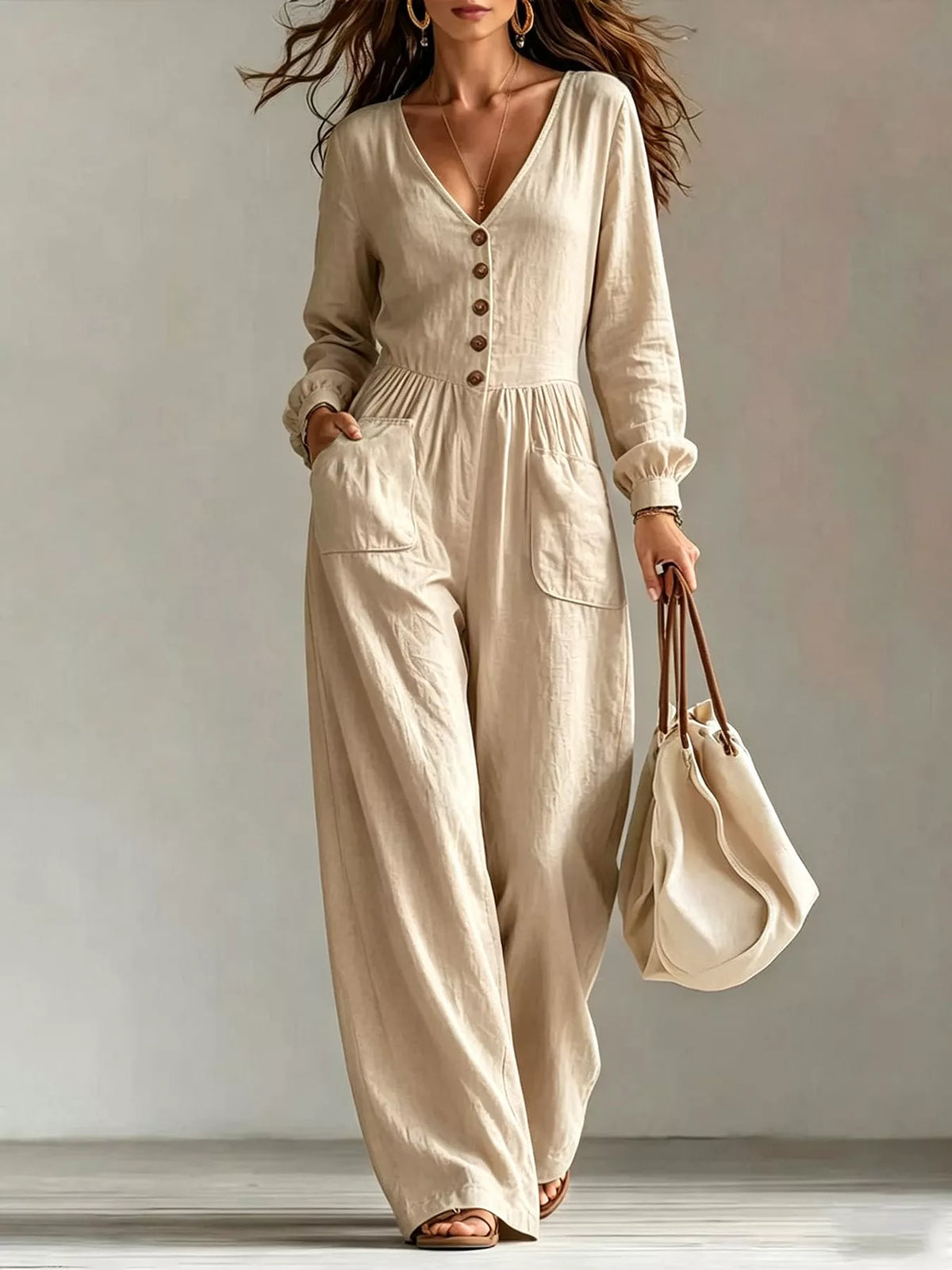 V-Neck Long Sleeve Button Front Wide-Leg Jumpsuit