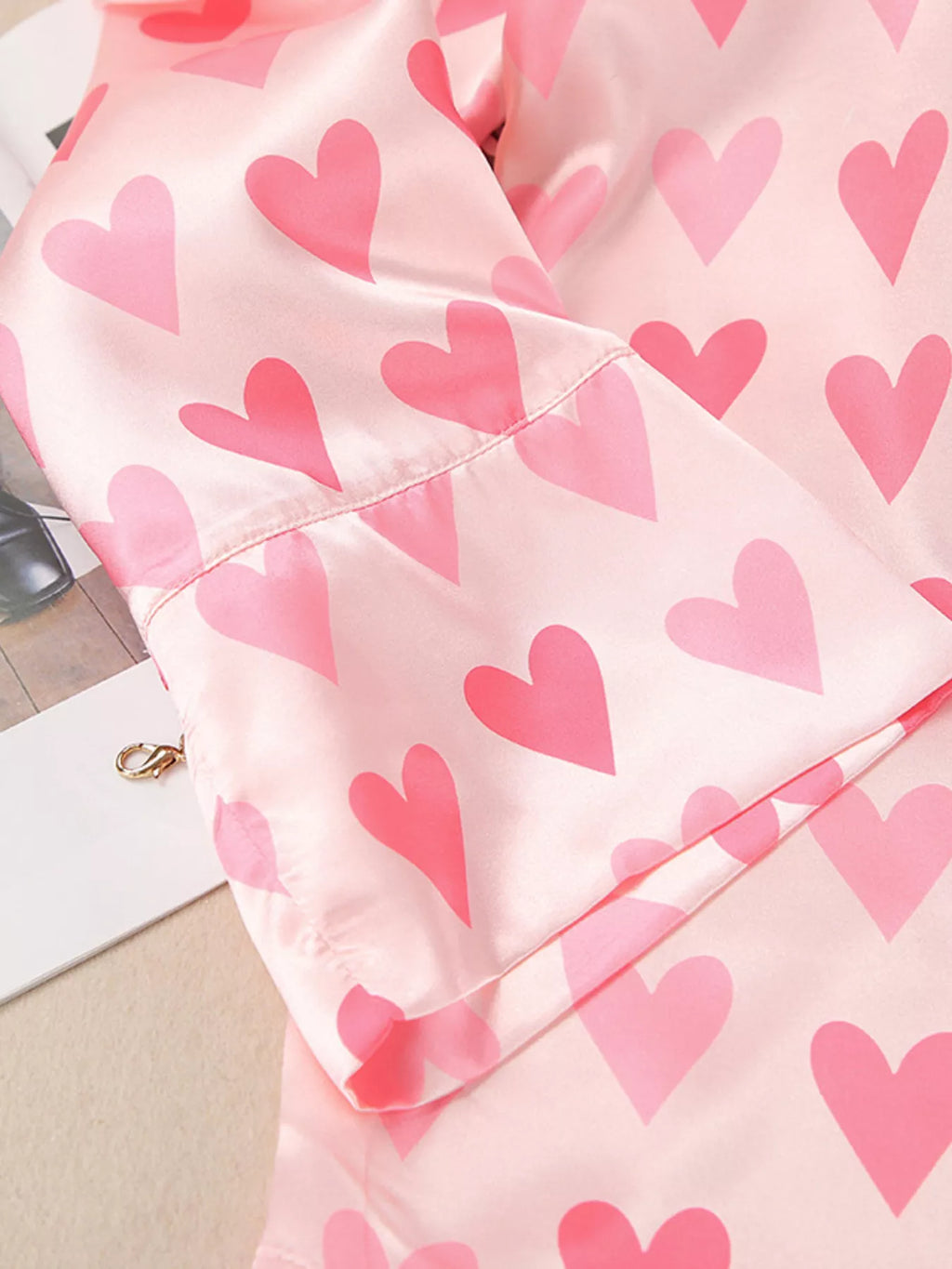 Heart Print Button Up Top and Pants Lounge Set - Lilixa.store