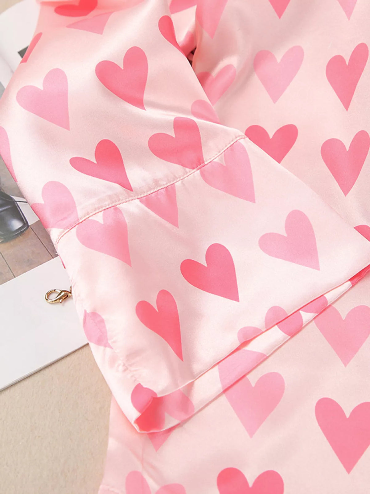 Heart Print Button Up Top and Pants Lounge Set in Blush Pink, view 10
