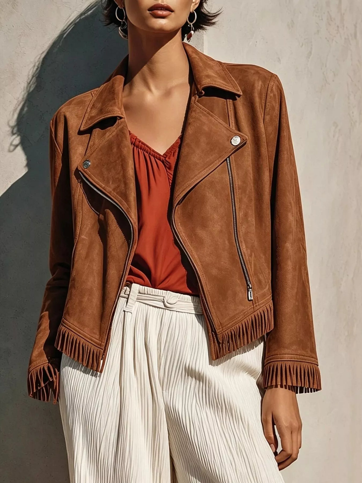 Fringe Hem Zip Up Jacket