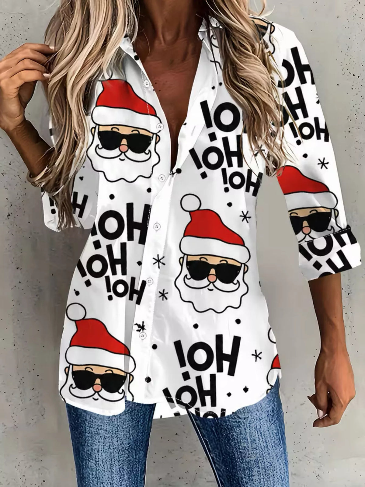 Full Size Christmas Santa Claus Print Button-Down Shirt Plus Size in White
