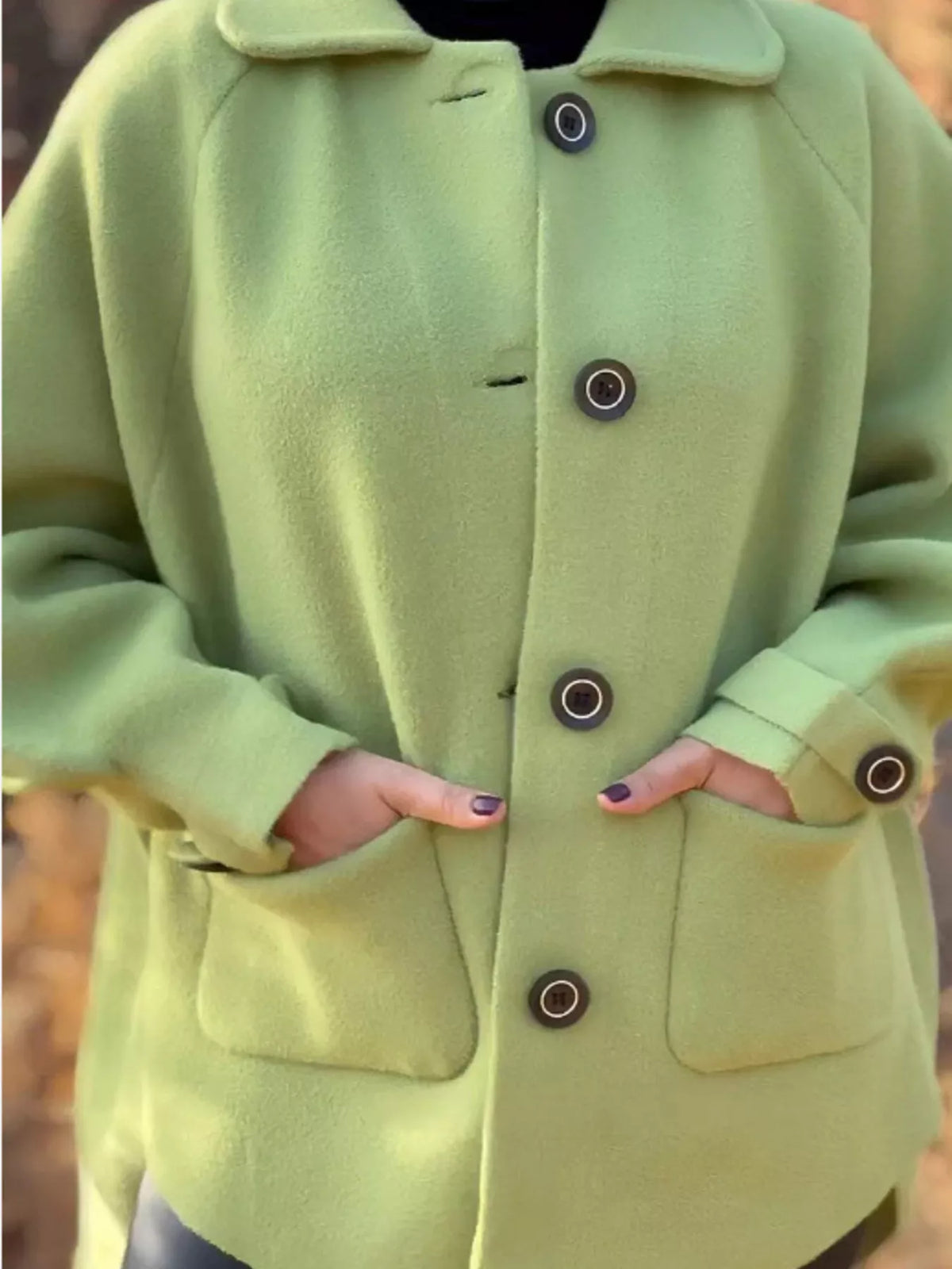 Full Size Button-Front Raglan Sleeve Coat Plus Size in Light Green