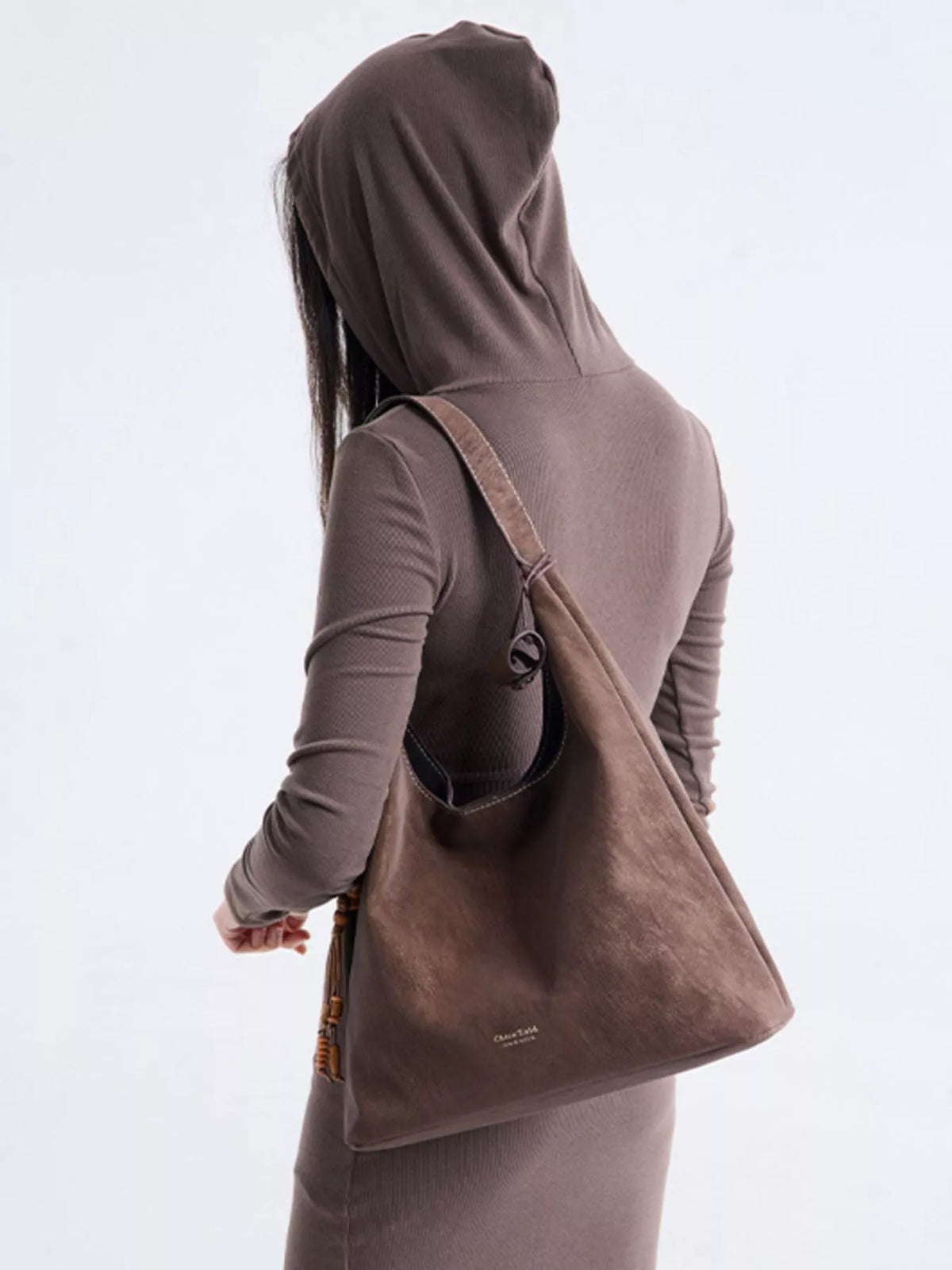 Suede Hobo Shoulder Bag with Decorative Tassel in Brown, view 4
