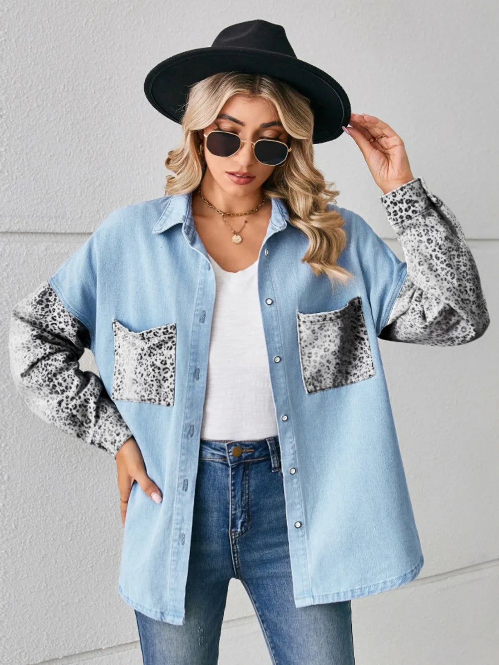 Leopard Button Up Denim Jacket, view 7