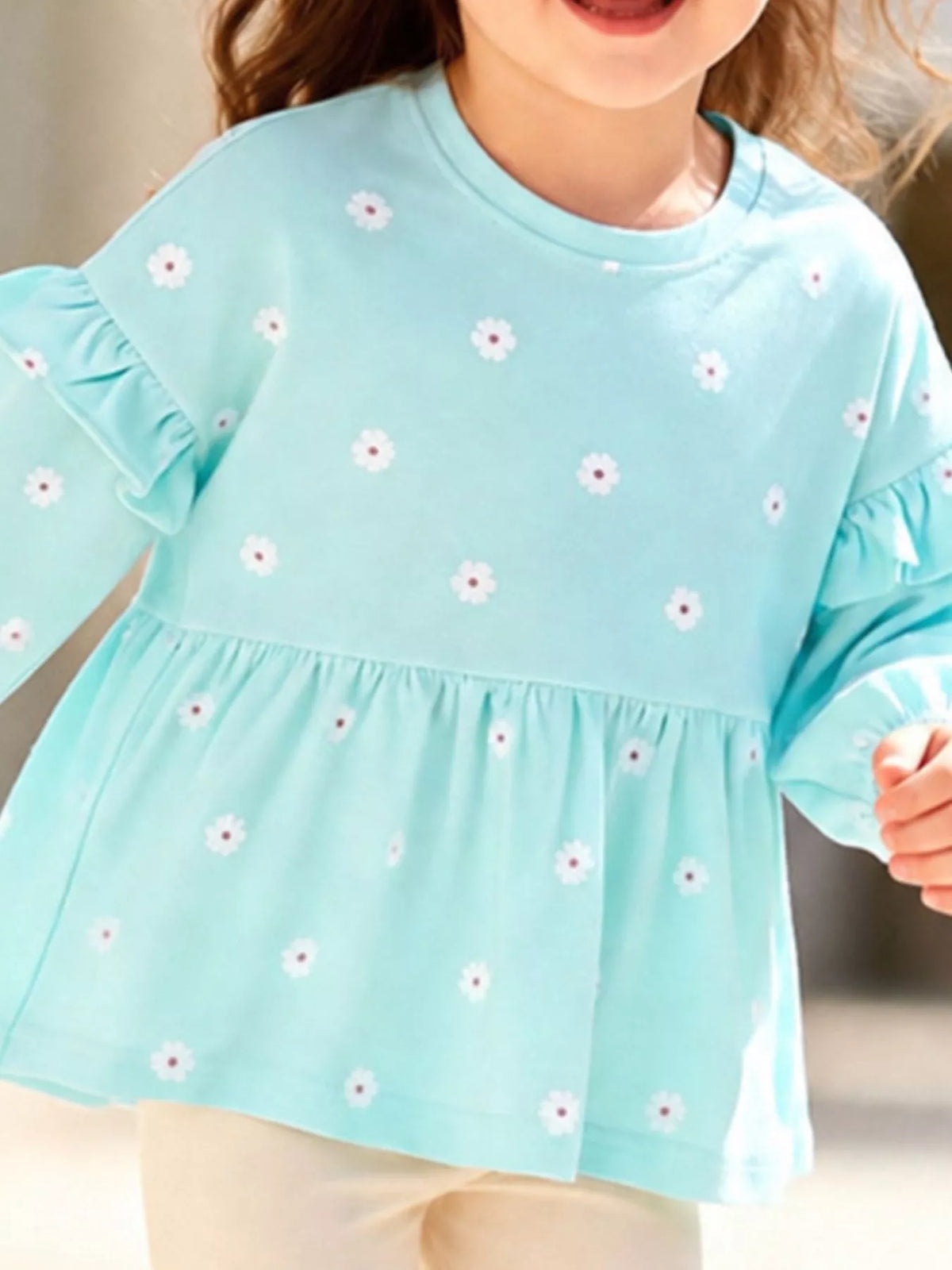 Children's Flower Balloon Sleeve Peplum Top and Pants Set in Pastel Blue, view 3
