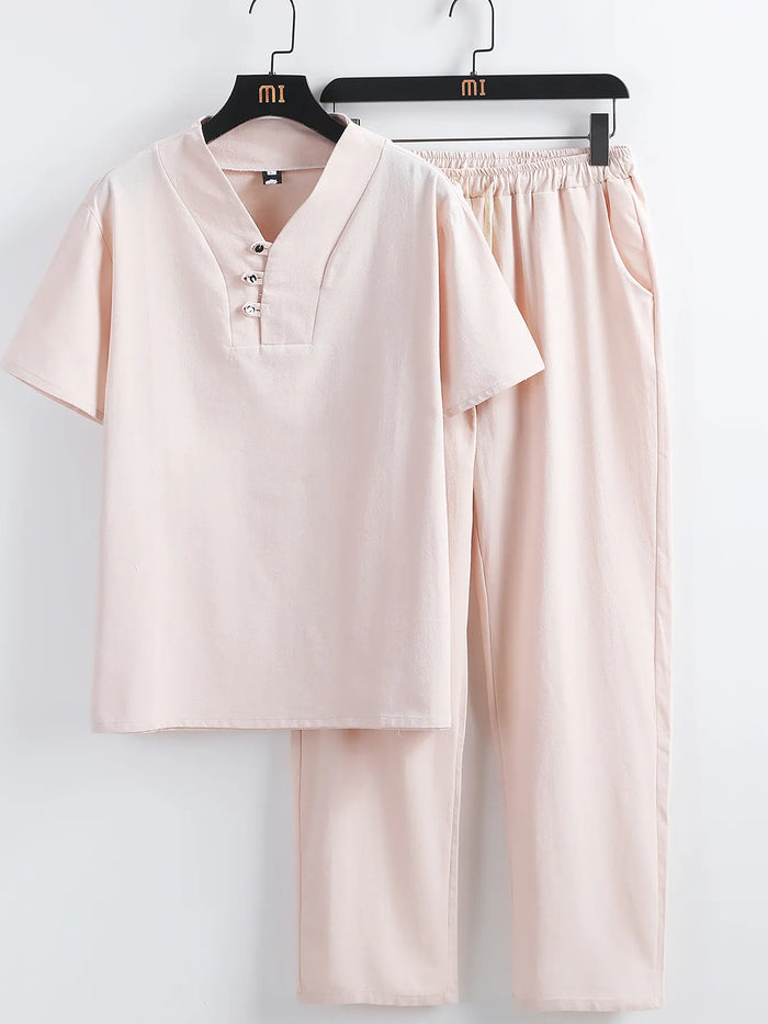 Men's Plus Size V-Neck Short Sleeve Top and Pants Set in Apricot